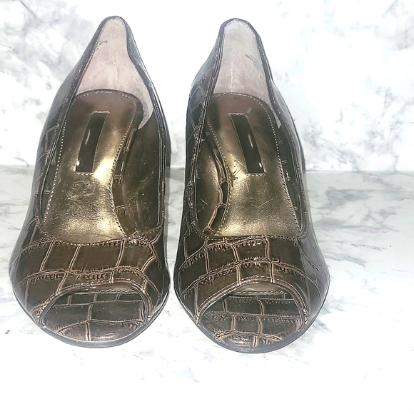 Bandolino Brown Croc Embossed Peep Toe Heels 5.5 | Faux Alligator Print | Retro - Picture 3 of 10
